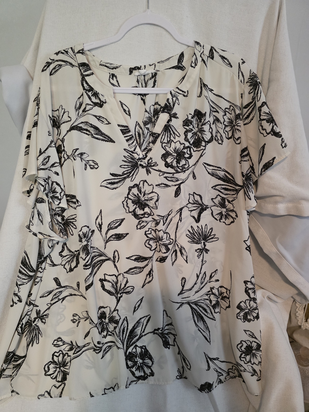 Maurices Cream Blouse with Black Floral Sketch Print